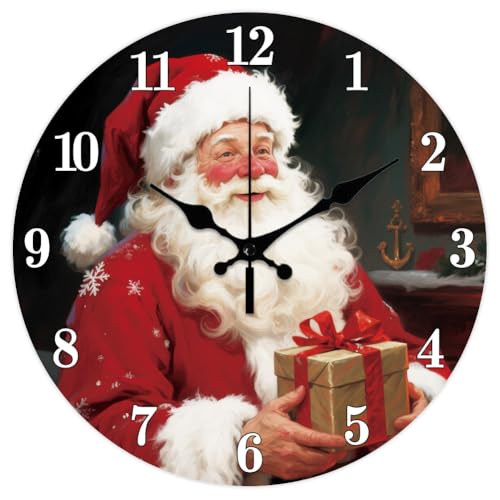 CHGCRAFT Santa Claus Wall Clock 12 Inch Christmas Box Clock Battery Operated Silent Gift Non Ticking Round Decorative Clock for Home Office Decoration