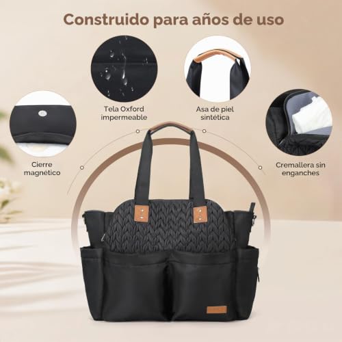 Miniatura 6 de Lekebaby Bolso Cambiador Grande Con Cambiador De Viaje, 19 Bolsillos, Bolsa Para Pañales De Viaje Para Mamá Y Papá, Bolsa Multifunción Para Bebé, Espiga Negra De Trigo