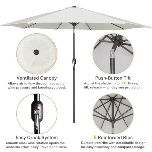 Image of Blissun 10FT Patio Umbrella, Outdoor Table Umbrella, Yard Umbrella, Market Umbrella with 8 Sturdy Ribs, Push Button Tilt and Crank, Cream White