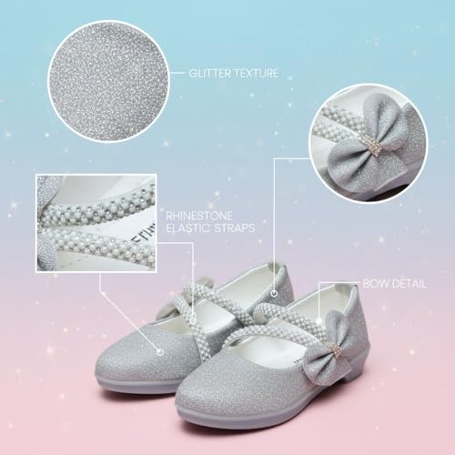 Image of Girls' Patent Mary Jane Shoes with Floral Embellishment, Attractive Colour's, Pearl Flower Welcro Glittery Bellies