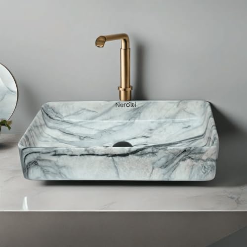 Image of Wash Basin Countertop | Tabletop Ceramic Bathroom Sink | Wash Basin Over Counter | (24 x 14 x 5 Inch) (Marble Beige Black)