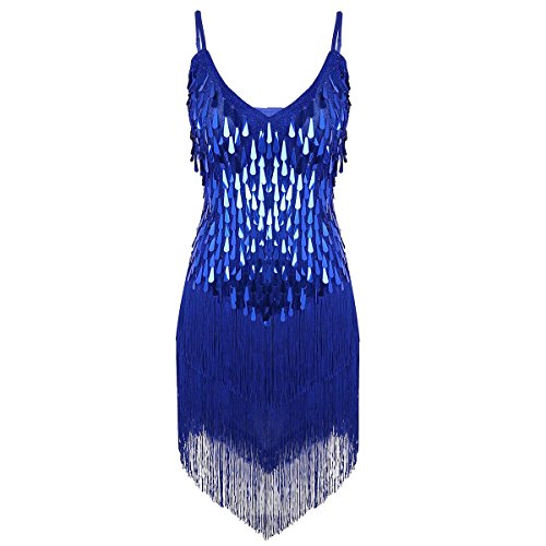 CHICTRY Women's Sequin Fringe Tassels Ballroom Samba Tango Latin Dance Dress Blue One Size