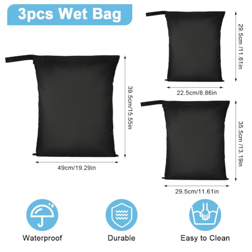 AOOSA 3 Stück Nasstasche, Schwarz Wetbag Schwimmsachen, wasserdichte Wet Bag mit Reißverschluss, Wiederverwendbar Nassbeutel für Badebekleidung, Sportkleidung, Schmutzige Kleidung