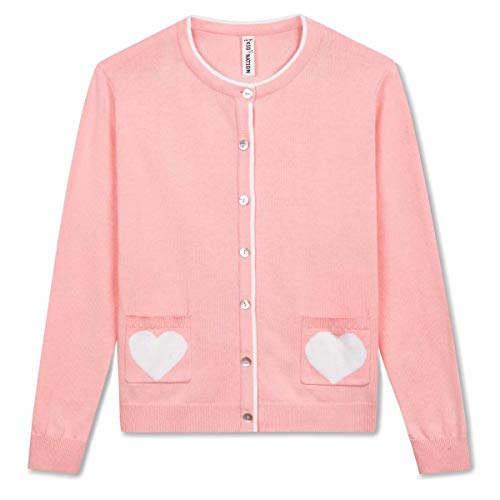Kid Nation Girls School Uniform Sweater Button Up Cardigan with Heart Pocket Long Sleeve Crew Neck, Pink, 13-14Y