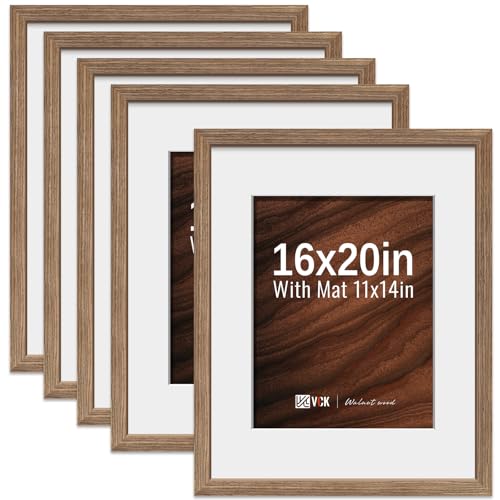 Image of VCK 16x20 Picture Frames 5 Pack, Walnut Wood, 11x14 Mat, Glass, for Artwork