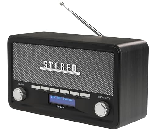 Denver DAB-18 Vintage Style Stereo DAB/DAB+ & FM Radio – Real Wood Cabinet, Bluetooth, Clock Radio Alarm, AUX IN for Smart Phone/Tablet / MP3 Player – Mains or Battery