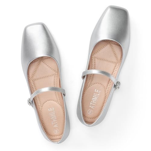 ATHMILE Mary Jane Shoes Women Ballet Flats Shoes for Women Slip on Comfortable Dressy Adjustable Strap for Work Office Business Casual Silver