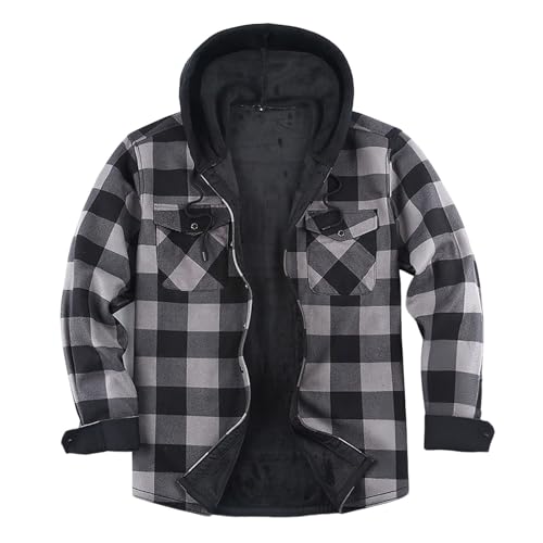 Lumberjack Jacket Mens,Padded Fleece Checked Long Sleeve Button Down Hooded Flannel Shacket Coat,Men Autumn Winter Plaid Thicked Warm Jackets Outdoor Casual Thermal Coats with Pockets Outwear S-3XL