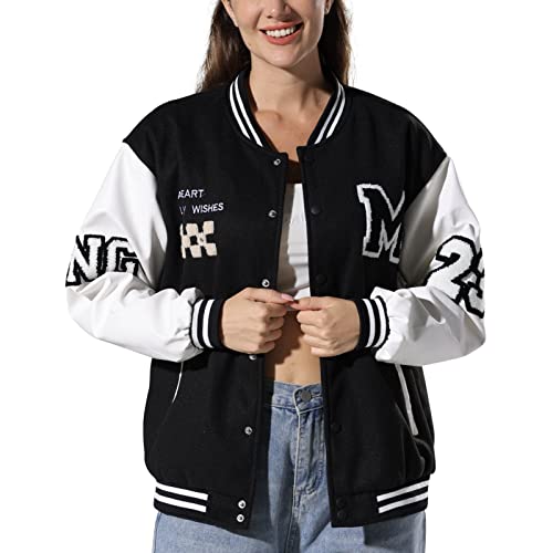 KENAIJING Damen Varsity Jacke Baseball Bomberjacke Vintage Unisex Streetwear Mäntel mit Patchwork Hipster Utility Tops KENAIJING Damen Varsity Jacke Baseball Bomberjacke Vintage Unisex Streetwear Mäntel mit Patchwork Hipster Utility Tops