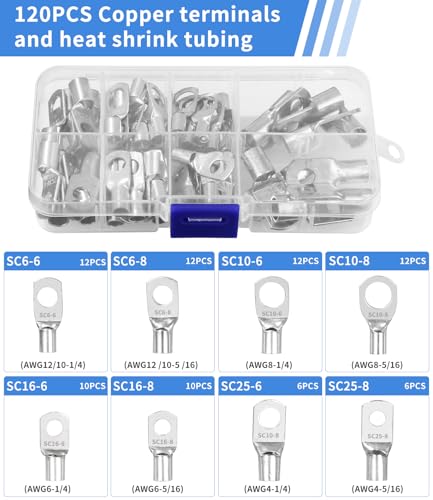 Groß Crimpzange Set Für Kabel 6/10/16/25/35/50 mm² und 10–1/0 AWG Mit 60 Kupferringklemmen, ideal für Auto Solar und Haushaltsanwendungen, Blau