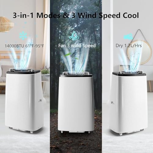 Image of 14000 BTU Portable Air Conditioners, 3-In-1 Unit Offers Fast Cooling, Dehumidification, Three-Speed Fan for Rooms Up to 750 Sq. Ft, with a 24-Hour Timer, Remote Control, and Operates Quietly