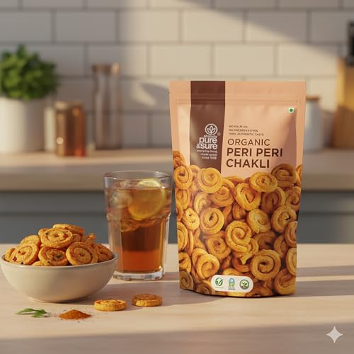 Image of Pure & Sure Organic Peri Peri Chakli Snack 300gm | Delicious Crunchy Namkeen & Snacks | Ready to Eat Tea Time Snacks, Cholesterol Free, No Trans Fats, No Preservatives| 150gm each (Pack of 2)