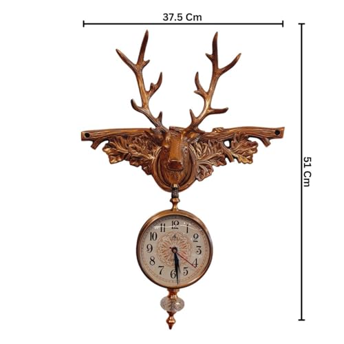 Image of Vintage Deer Head Wall Clock with Antler Design, Antique Brass Finish, Decorative Hanging Clock, Rustic Woodland Theme, Double-Sided, Light Brown