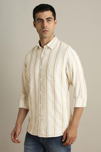 Image of Peter England Men's Linen Blend Shirt | Subtle Stripes | Full Sleeves