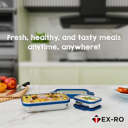 Image of TEX-RO Tiffin Box Steel | Stainless Steel Lunch Boxes | Steel Lunch Box for School | Leakproof Stainless Steel Tiffin Box for Kids, School, Office - Blue