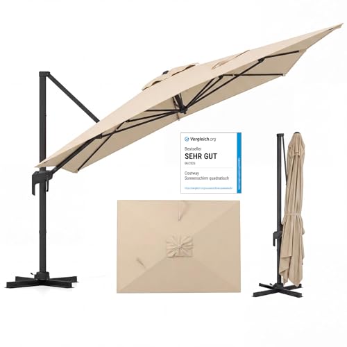 COSTWAY Sonnenschirm rechteckig 300 x 400 cm großer Ampelschirm mit Kurbel Gartenschirm neigbar 360 drehbar Terrassenschirm Marktschirm für Garten Terrasse (Beige)