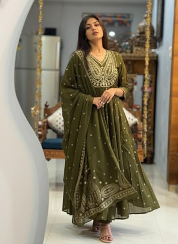 Image of ANNI Designer Women's Rayon Viscose Printed Embroidered Anarkali Kurta with Pant & Dupatta | Ethnic Kurti Set with Embroidery | Soft Comfortable Fabric | Stylish Outfit for Festive, Office