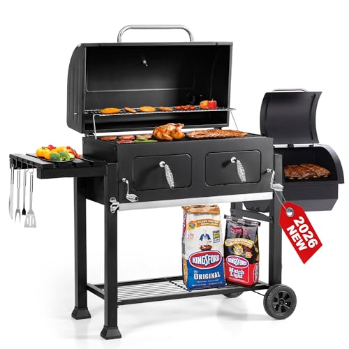 Image of 30 Inch Barrel Charcoal Grill and Offset Smoker for Outdoor Cooking BBQ | 1015 Sq In Cooking Area, Porcelain-Enameled Steel Wire Grates, 2 Height-Adjustable Charcoal Pans