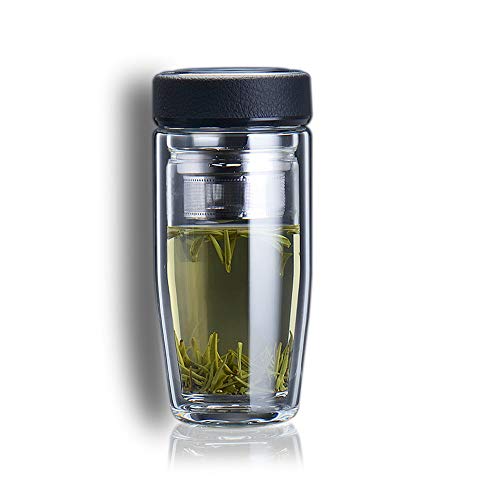 ADORBO Tea Infuser Glass Water Bottle, Double Wall Glass Tea Tumbler with Strainer