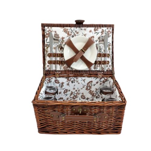 XVVX ピクニックバスケット 4点セット+食器 花柄ハンドバッグ 籐ポータブル 断熱材付き 編まれた バスケット カバー付き キャンプ ピクニックバスケット