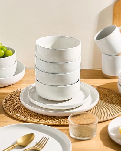 Image of Famiware Milkyway 12-Piece Stoneware Dinnerware Set for 4, Plates and Bowls, Scratch Resistant, Microwave & Dishwasher Safe, White