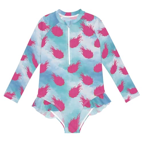 Dragon Fruit Blue Pattern Girls One Piece Rash Guard Swimsuit, Girls Long Sleeve Swimwear for 3-12Y