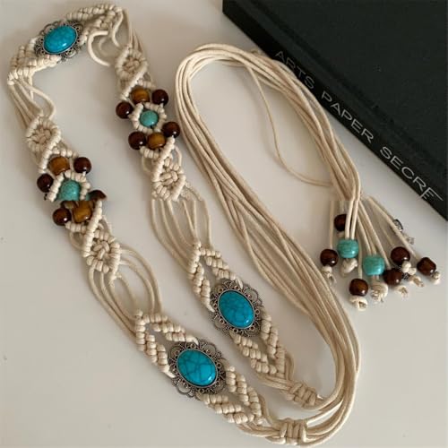 Bohemian Oval Waist Chain Belt Belly for Women Vintage Turquoise Wooden Beaded Waist Belt Body Chains Adjustable Woven Cord Jewelry Accessories for Jeans Dress4