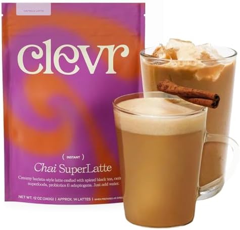 Clevr Chai Tea Latte, Instant Superfood Powder Blend with Lion’s Mane, Reishi Mushroom, Black Tea, Organic Spices, Coconut Cream, Ashwagandha, Oprah’s Favorite Things 2022 (14 Lattes)