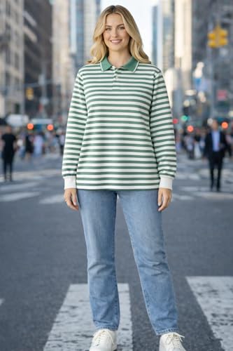 Image of Mack Jonney Women's Striped Polo T-Shirt | Full Sleeves | Collared Casual Cotton Tee | Regular Fit Top-M7372