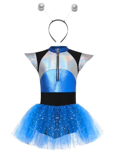 Jizyo Girls Alien Costume Set Metallic Tutu Dance Dresses Leotard for Outer Space Man Halloween Cosplay Dress Up Blue 8 Years