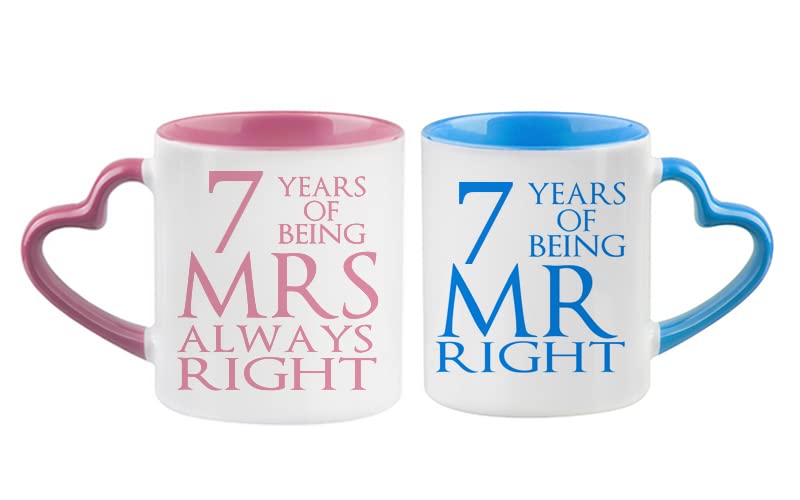 Getagift Copper Mr Right & Mrs Always Right Set of 2 Wedding Anniversary, Valentines Day, Pink and Blue Heart Handle Couple Mug Set. (7 Years)