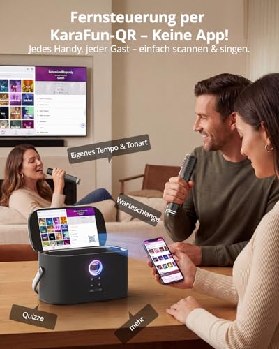 Ikarao Karaoke-Maschine - Komplettsystem mit Textanzeige, 2 Mikrofonen, 140W, Bluetooth, HDMI-Anschluss, selbstaufladend, für Karafun-App, ideal für Home-Party & Fernseher （Shell S2）