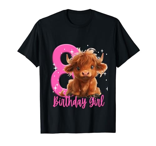 8º cumpleaños Highland Cow Party Girls Farm Animal Eight Camiseta
