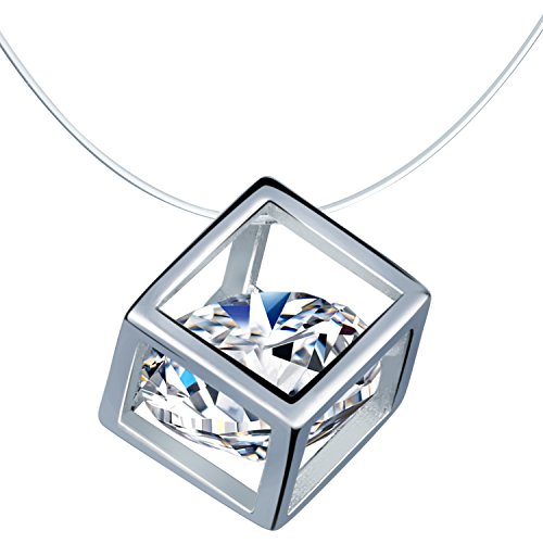 Unendlich U Modisch Würfel 925 Sterling Silber Zirkonia Damen Halskette Anhänger Solitär Kette Transparente Verstellbare Nylonkette, Silber
