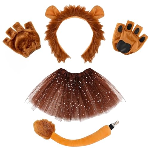 SDXCJY Juego de disfraz de león de 4 piezas con orejas de león, guantes, cola y falda tutú, perfecto para cosplay de niños y adultos, Halloween, cumpleaños, carnaval, actuaciones escénicas (marrón)