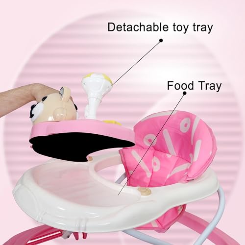 Image of Baby Walker for 6-18 Months Baby with Music, Detachable Parental Push Handle, Adjustable Height, Foldable Baby Walker for Boys & Girls, Anti-Fall Safety Design, Comfortable Seat (Baby Pink)