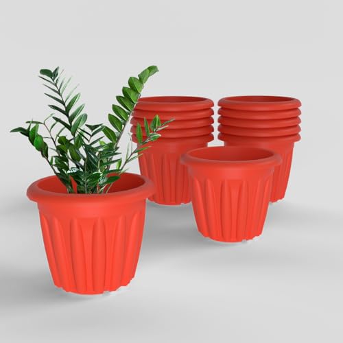 Image of YUCCABE ITALIA SHERA Floot 10 Inch Plastic Flower Pot 12 Piece Set of Round Shape Planter for Home Garden Seedling Planter for pots (Red)