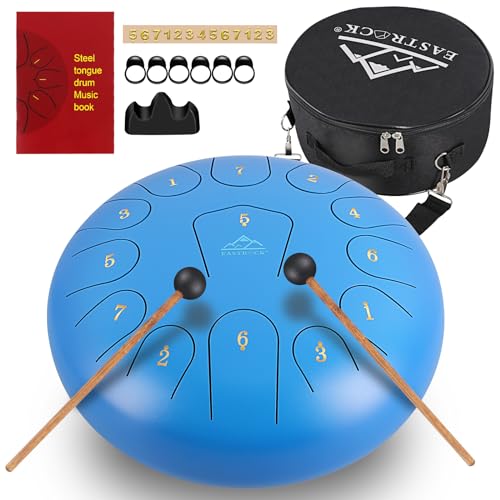 EASTROCK Steel Tongue Drum for Kids 12 Inch 13 Notes Percussion Instrument Handpan Drum C Key with Travel Bag,for Meditation Entertainment Yoga,Mallets,and Music Book (Blue)