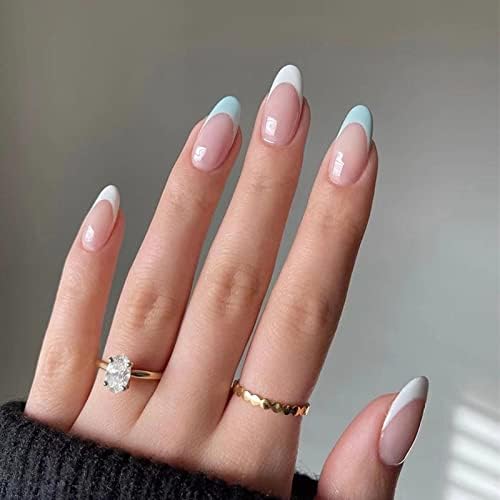 JUSTOTRY 24 Pcs Almond Short False Nails Moon,Nude French Press on Nails Pattern,Stars Fake Nails Short with Nail Glue,Oval Medium Stick on Nails for Women,Nails Fake Nail for Nails Art