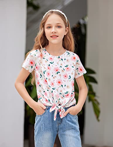 Arshiner Girls Loose Short Sleeve Tops Kids Round Neck Hem Tie Strap Tees Cute Floral Print Blouse Size 9-10 Years #TOP1