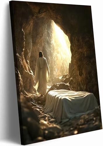 Framed Jesus Leaves the Tomb Canvas Wall Art Christian Easter Wall Decor Pictures Religion Savior Bible Poster Prints for Church Prayer Room Living Room Home Decoration 12x16in Ready to Hang