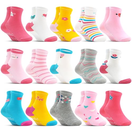 Toddler Non Slip Socks 15 Pairs, Kids Grip Socks for Girls Boys 0-7 Years Soft Cartoon Grippy Baby Sock with Gripper