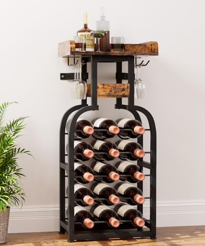 Yorbay Weinregal freistehend 15 Flaschen, Flaschenregal mit Glashaltern, Dekorativer Flaschenhalter-Ständer für Küche, Bar, Esszimmer, Boden