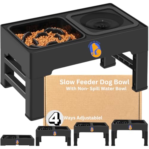 Image of Adjustable Elevated Dog Bowls, 4-Height Stand (3.4 inch-11.3 inch) for Small, Medium & Large Dogs, (Slow Feeder Bowl) No-Spill Water Bowls, Reduces Neck & Joint Strain