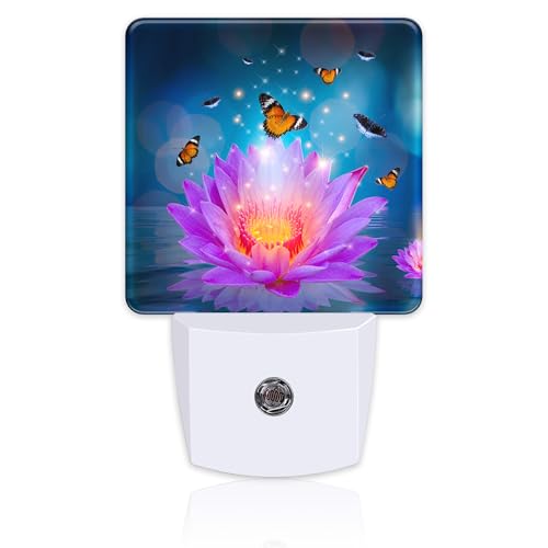 Image of Purple Lotus Flowers Butterflies Night Light for Kids,Glowing Lotus Butterfly Night Light Plug in with Dusk to Dawn Sensor,0.5w Energy Saving Nightlight for Hallway Stairway Kitchen Bedroom