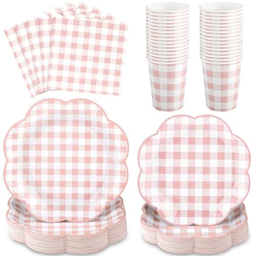 NatNarr 250 Pcs Pink Gingham Plates Set Scalloped Pink and White Checkered Tableware Set Includes Disposable Plates Napkins and Cups for Wedding Birthday Picnic Baby Bridal Shower