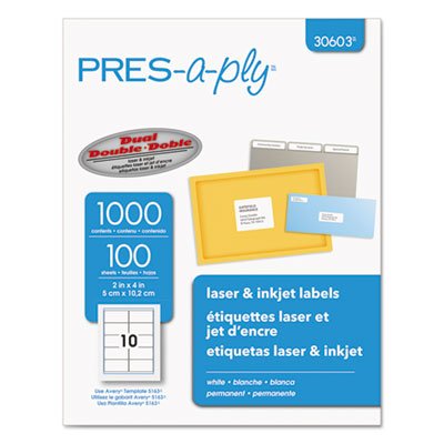 Pres-A-Ply Laser Address Labels, 2 x 4, White, 1000/Box, Total 10000 EA, Sold as 1 Carton