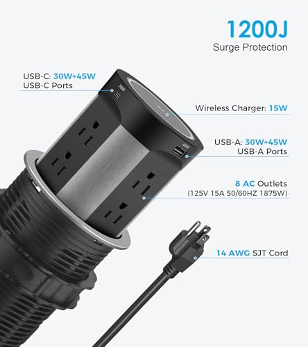 Regleta emergente para encimera, PD45W 4 USB/8 tomas/cargador inalámbrico miniatura 5