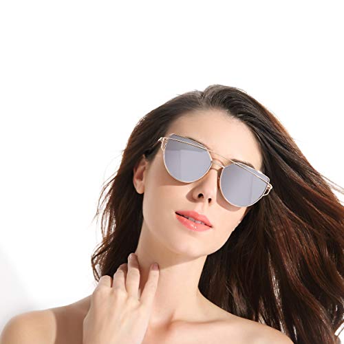 CHB Women's HD Mirrored Cateye Lens Creative Metal Frame Street Fashion Designer Polarized Sunglasses UV400 with Case
