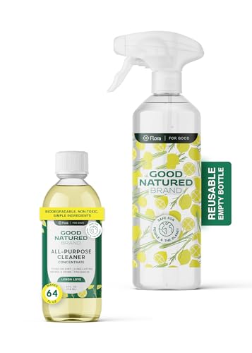 Good Natured Brand All-Purpose Cleaner Concentrate + 16 oz Bottle | Multi-Surface Cleaner | Natural Lemon Essential Oil | Multipurpose Cleaner All Surfaces | Lemon Love | 4oz makes 64oz